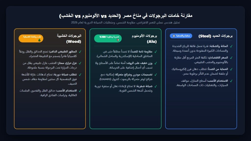 مقارنة برجولات الحديد والألومنيوم والخشب في مصر من حيث المتانة والطقس